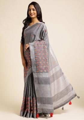 Grey Embroidery Cotton Saree