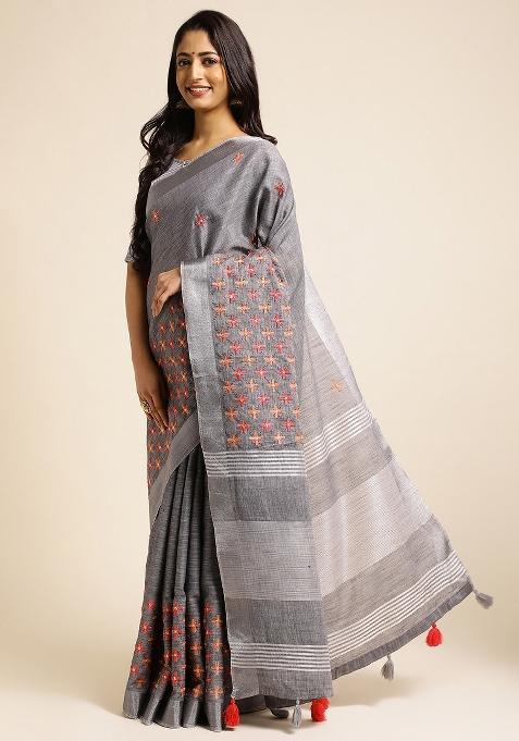 Grey Embroidery Cotton Saree