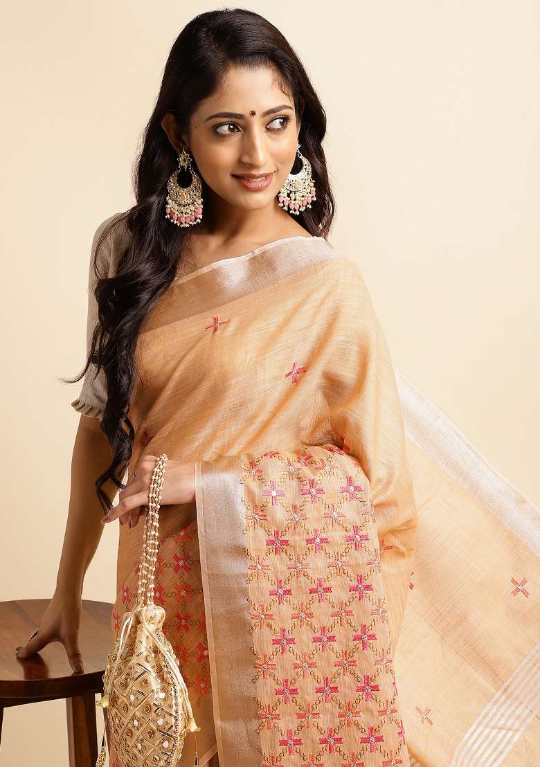 Orange Embroidery Cotton Saree - Indya