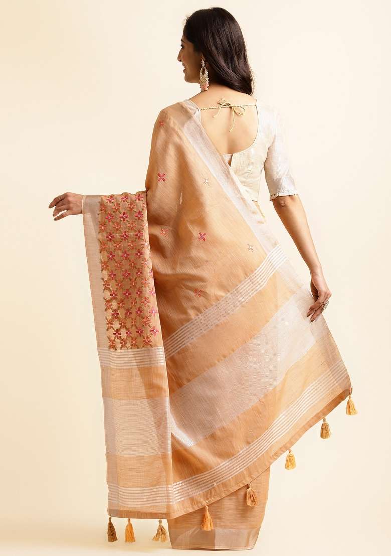 Orange Embroidery Cotton Saree - Indya