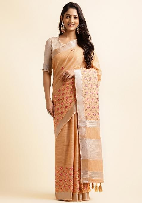Orange Embroidery Cotton Saree