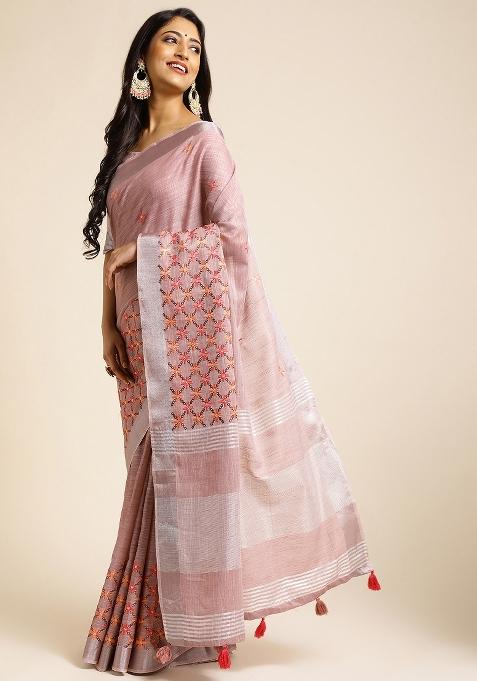 Pink Embroidery Cotton Saree