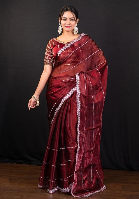 Red Embroidery Jimmy Choo Saree