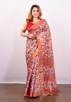 Pink Printed Silk Saree
