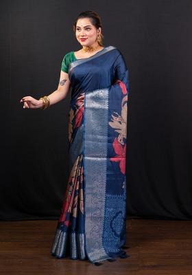 Blue Printed Silk Saree