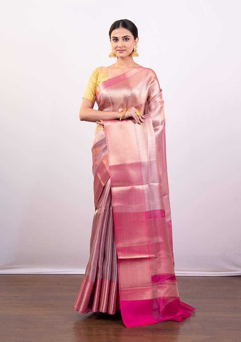Pink Solid Silk Blend Saree - Indya