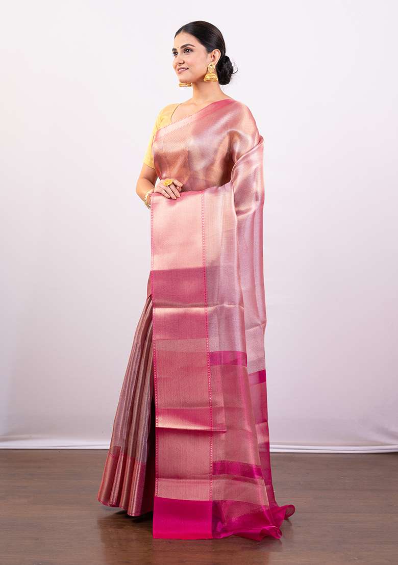 Pink Solid Silk Blend Saree - Indya
