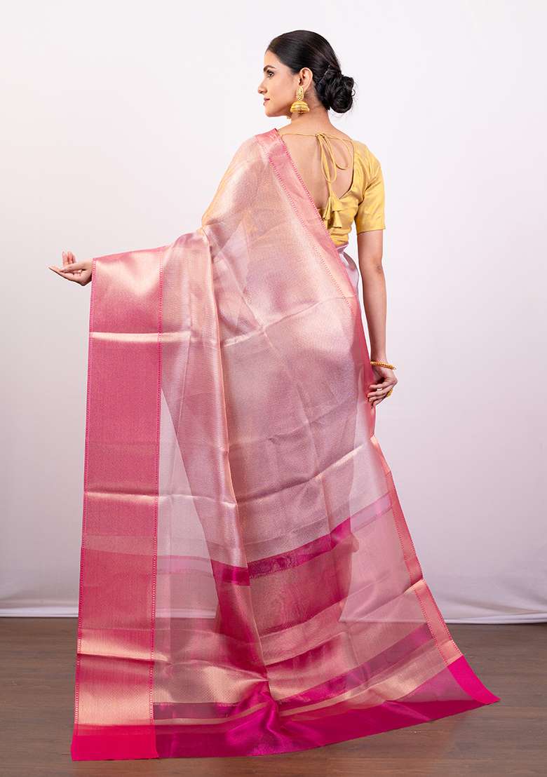 Pink Solid Silk Blend Saree - Indya
