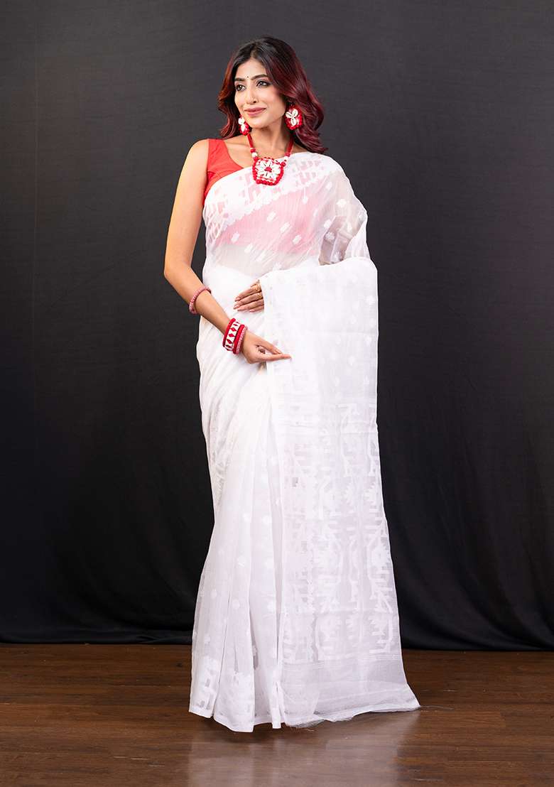 White Woven Jamdani Saree - Indya