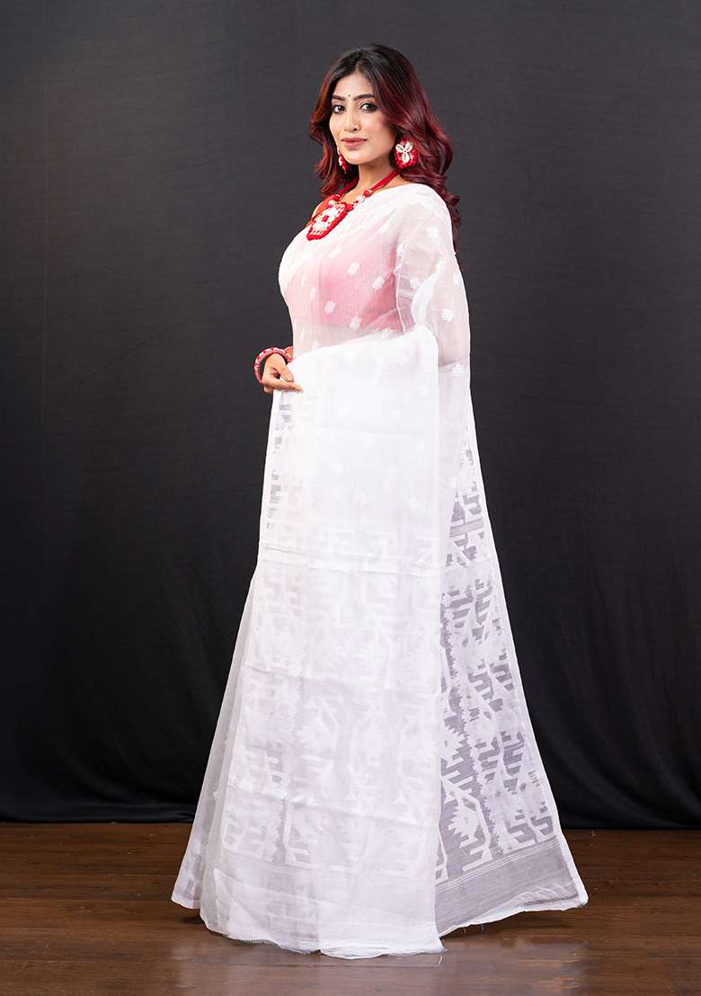 White Woven Jamdani Saree - Indya