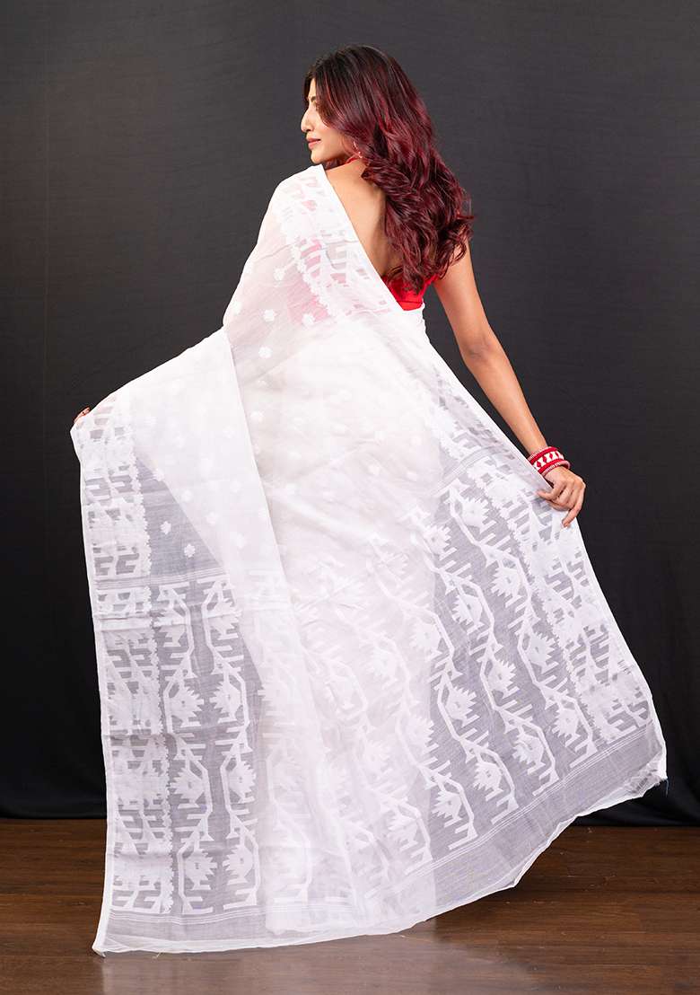 White Woven Jamdani Saree - Indya