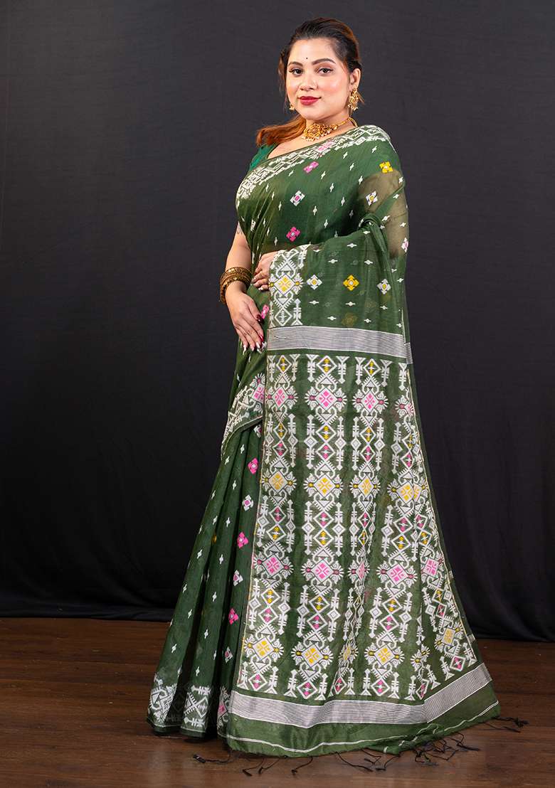 Green Woven Jamdani Saree - Indya