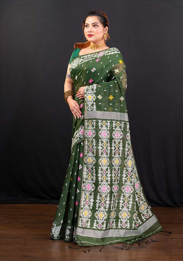 Green Woven Jamdani Saree - Indya