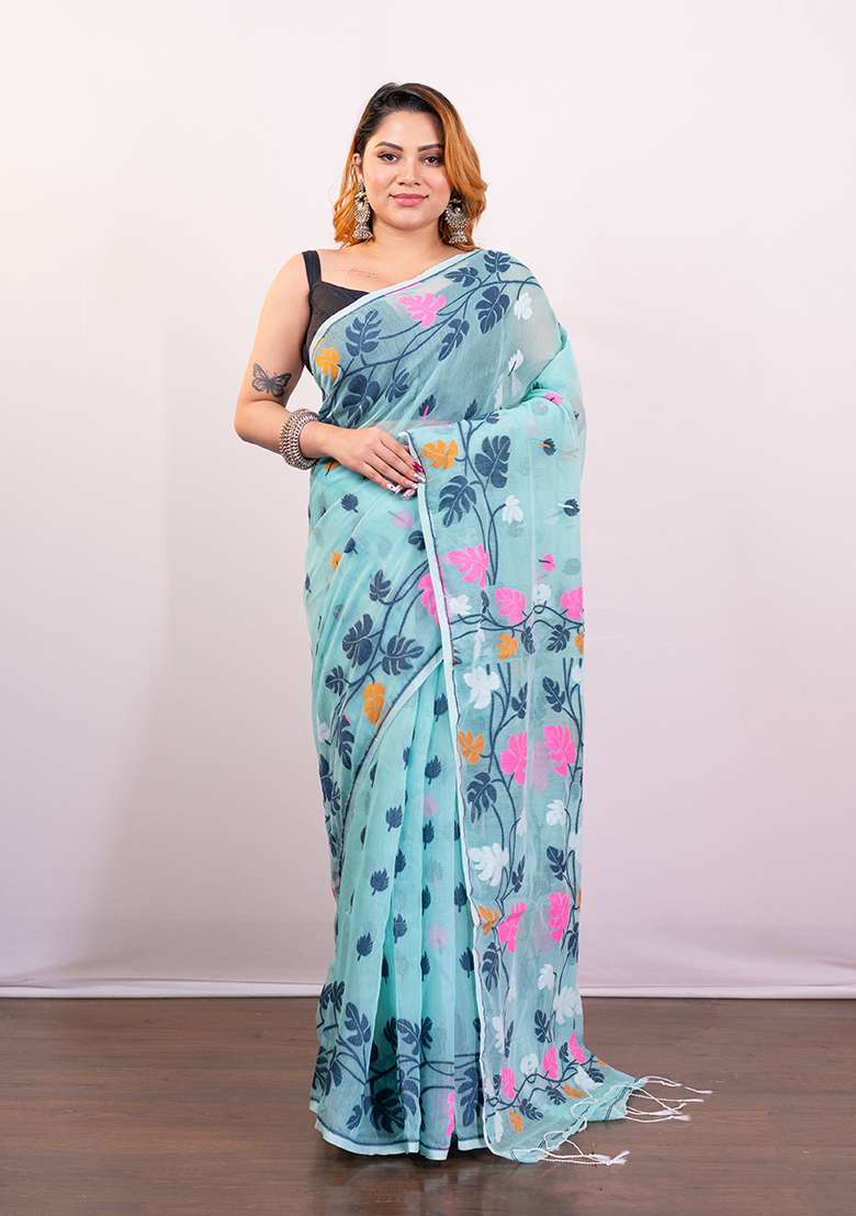 Blue Woven Jamdani Saree - Indya