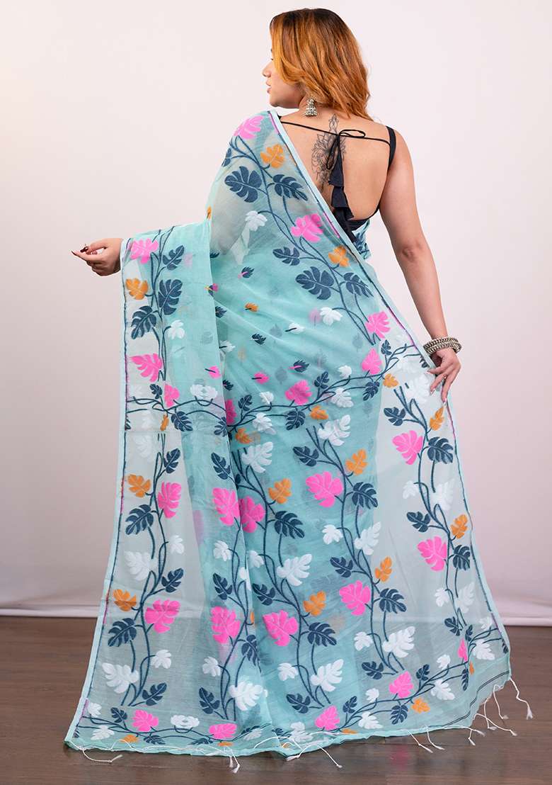 Blue Woven Jamdani Saree - Indya