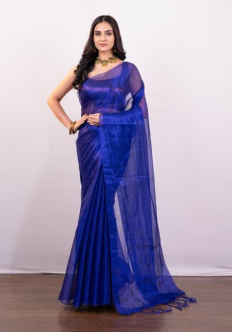 Blue Solid Silk Saree