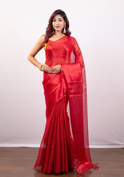 Red Solid Silk Saree