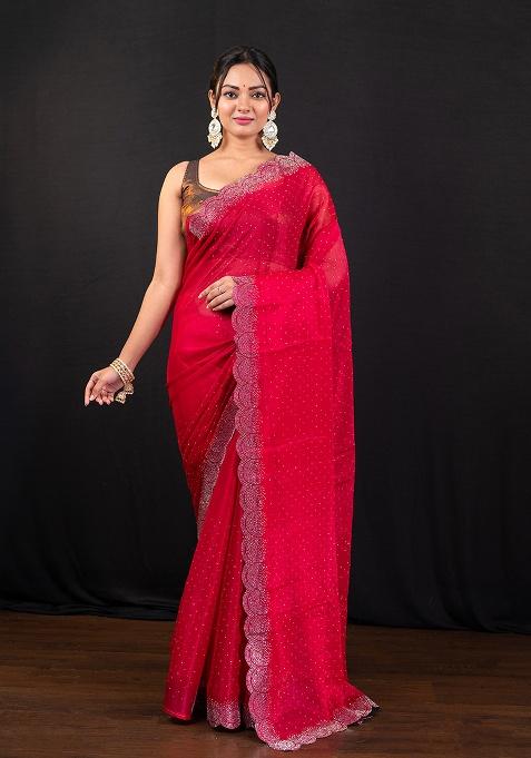 Red Embroidery Jimmy Choo Saree