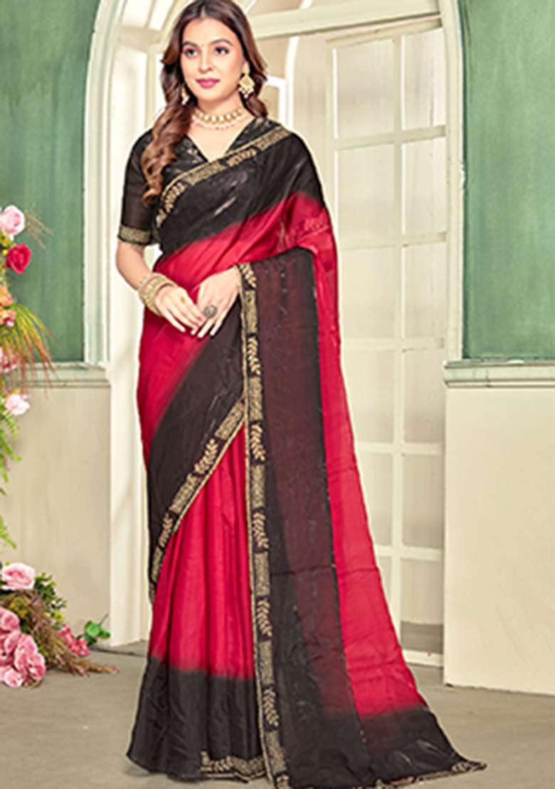 Magenta Heavy Zircon Cut Work Silk Blend Saree Set for Diwali | Wedding & Festive Wear - Indya