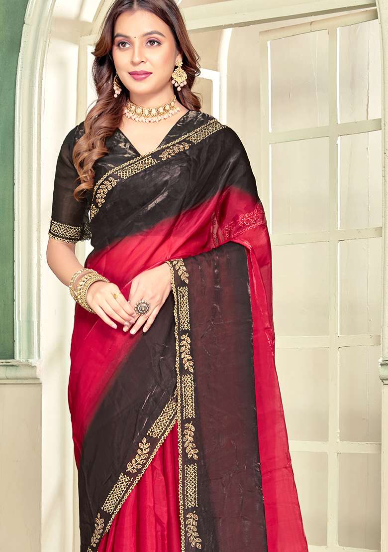 Magenta Heavy Zircon Cut Work Silk Blend Saree Set for Diwali | Wedding & Festive Wear - Indya