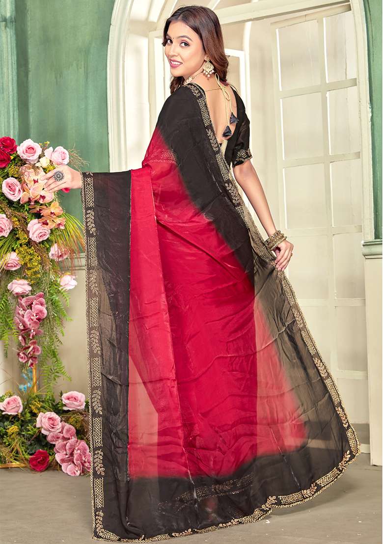Magenta Heavy Zircon Cut Work Silk Blend Saree Set for Diwali | Wedding & Festive Wear - Indya