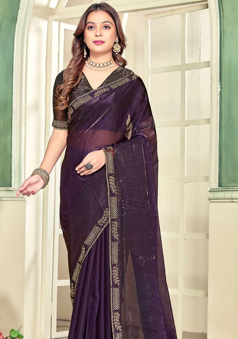 PURPLE Heavy Zircon Cut Work Silk Blend Saree Set for Diwali and Festive Wear - Indya