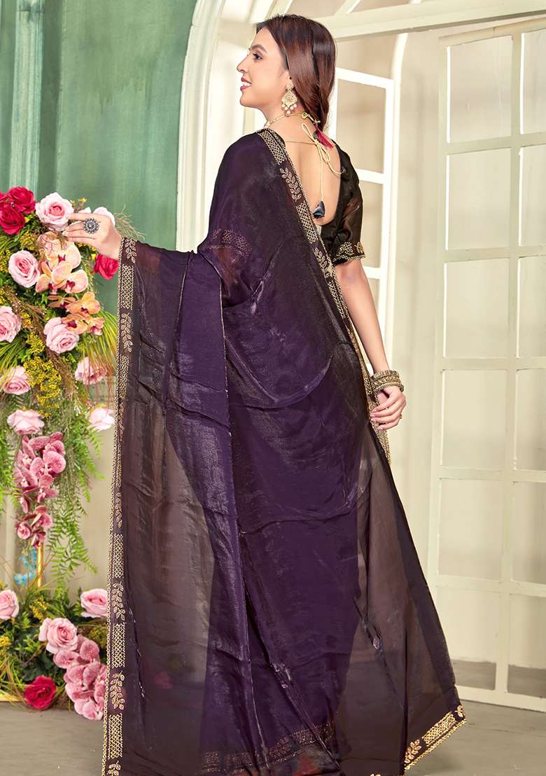 PURPLE Heavy Zircon Cut Work Silk Blend Saree Set for Diwali and Festive Wear - Indya