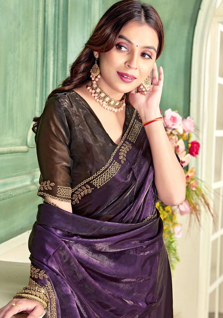 PURPLE Heavy Zircon Cut Work Silk Blend Saree Set for Diwali and Festive Wear - Indya