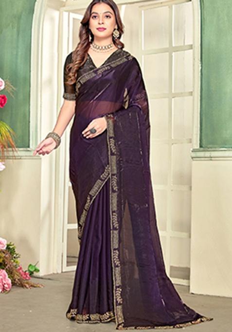 PURPLE Heavy Zircon Cut Work Silk Saree Set