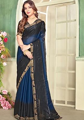 Blue Black Heavy Zircon Cut Work Silk Blend Saree Set