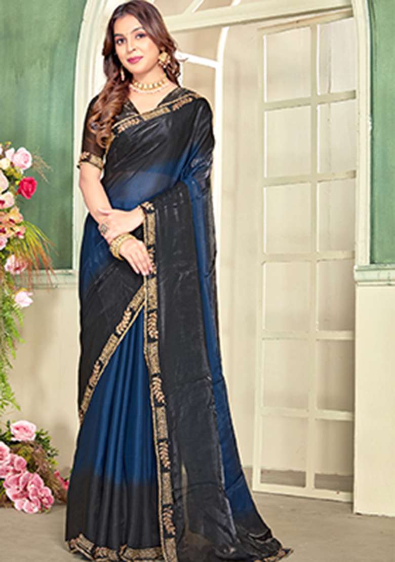 Blue Black Heavy Zircon Cut Work Silk Blend Saree Set for Diwali and Festive Wear - Indya