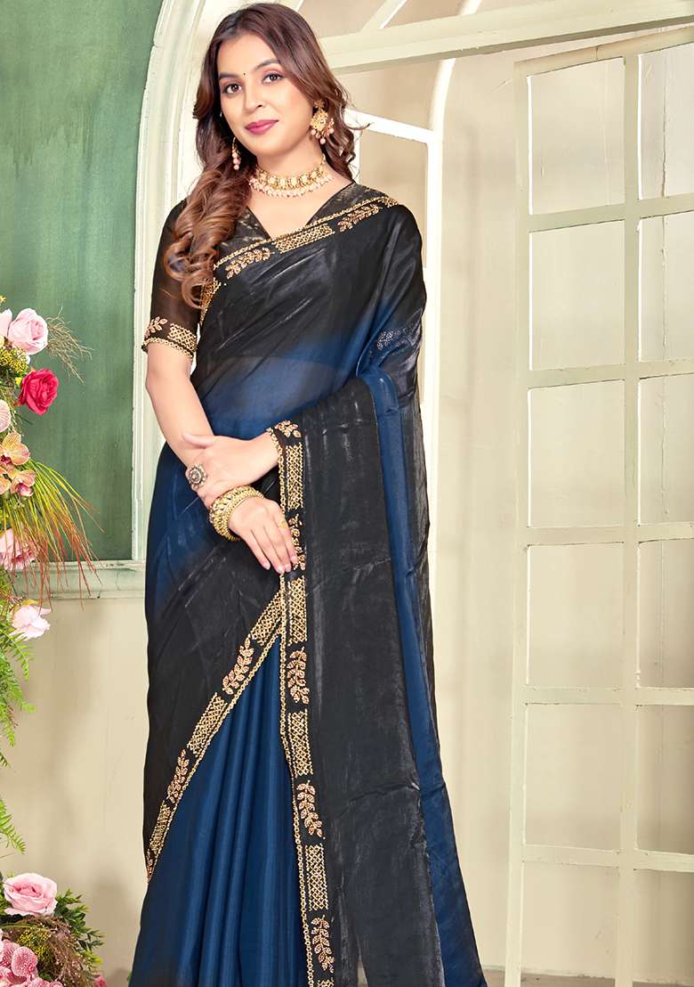 Blue Black Heavy Zircon Cut Work Silk Blend Saree Set for Diwali and Festive Wear - Indya