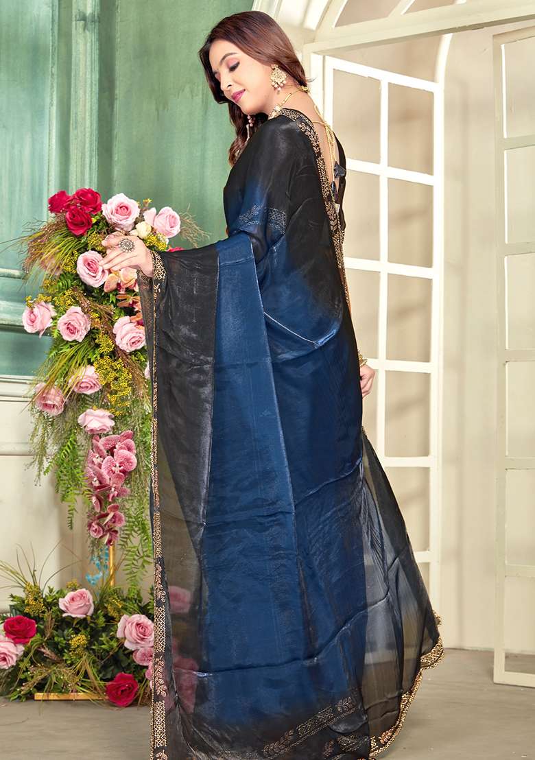 Blue Black Heavy Zircon Cut Work Silk Blend Saree Set for Diwali and Festive Wear - Indya