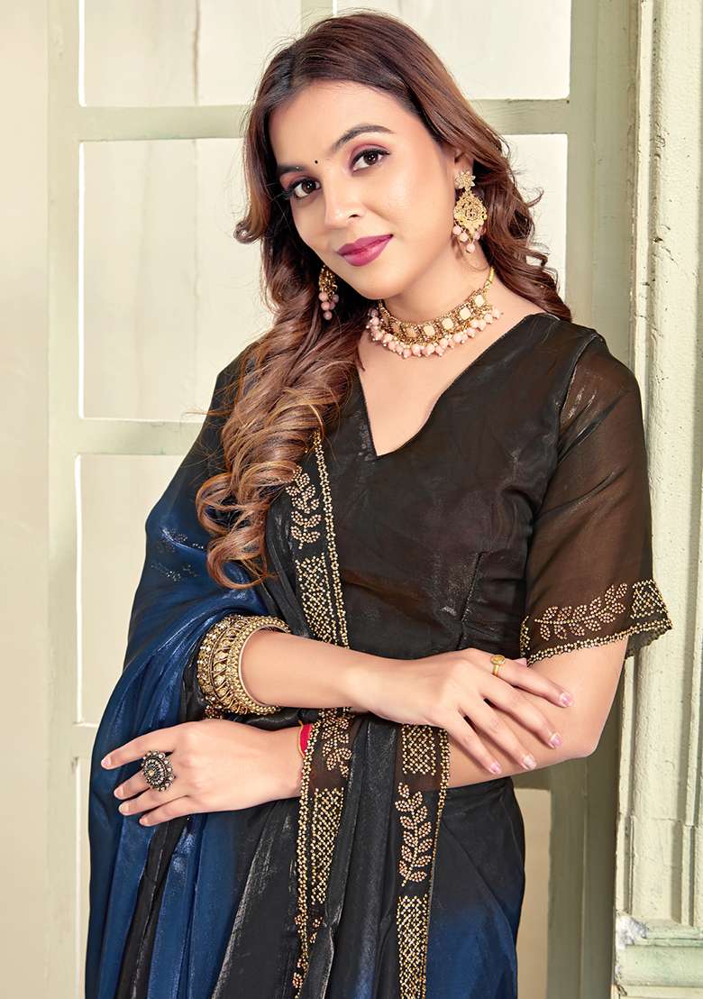 Blue Black Heavy Zircon Cut Work Silk Blend Saree Set for Diwali and Festive Wear - Indya