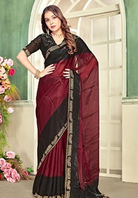 Maroon Heavy Zircon Cut Work Silk Blend Saree Set