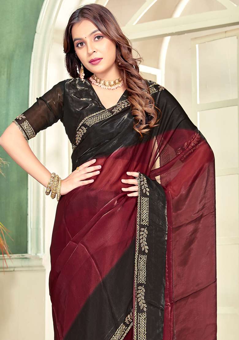Maroon Heavy Zircon Cut Work Silk Blend Saree Set for Diwali | Wedding & Festive Wear - Indya