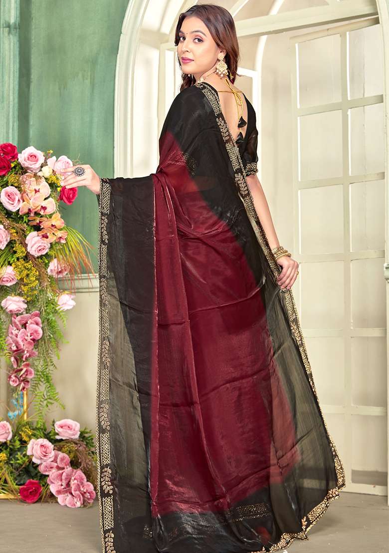 Maroon Heavy Zircon Cut Work Silk Blend Saree Set for Diwali | Wedding & Festive Wear - Indya