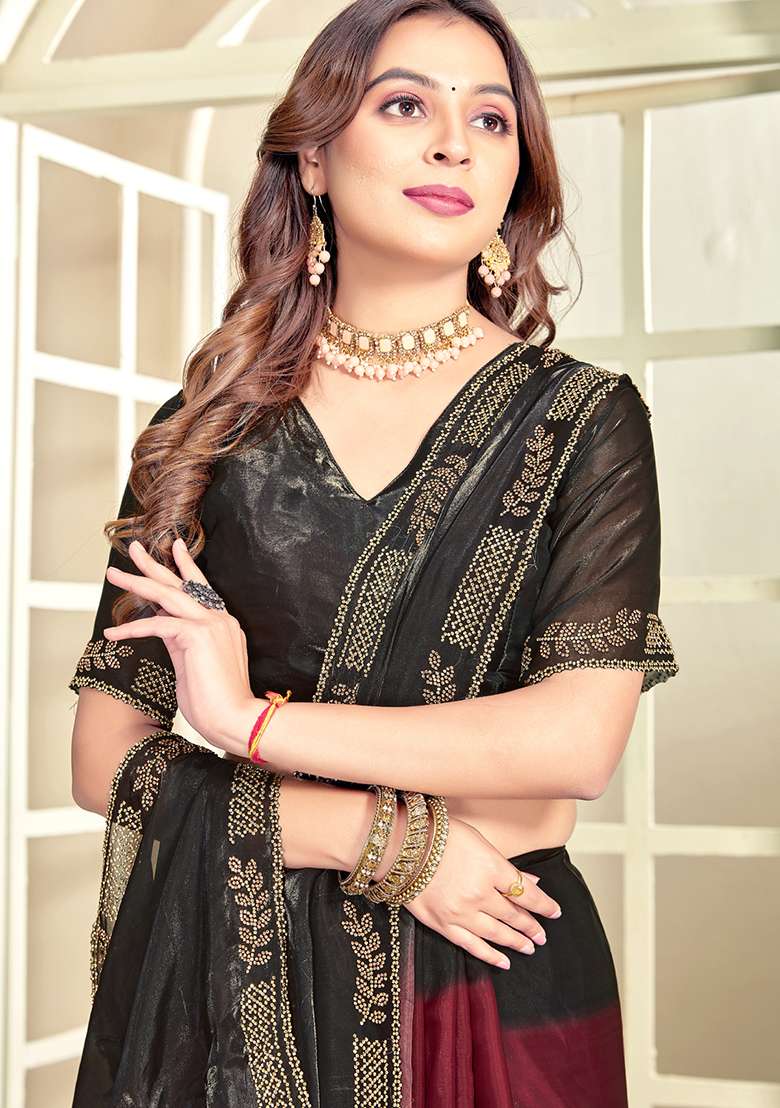 Maroon Heavy Zircon Cut Work Silk Blend Saree Set for Diwali | Wedding & Festive Wear - Indya