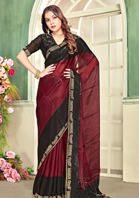 Maroon Heavy Zircon Cut Work Silk Saree Set