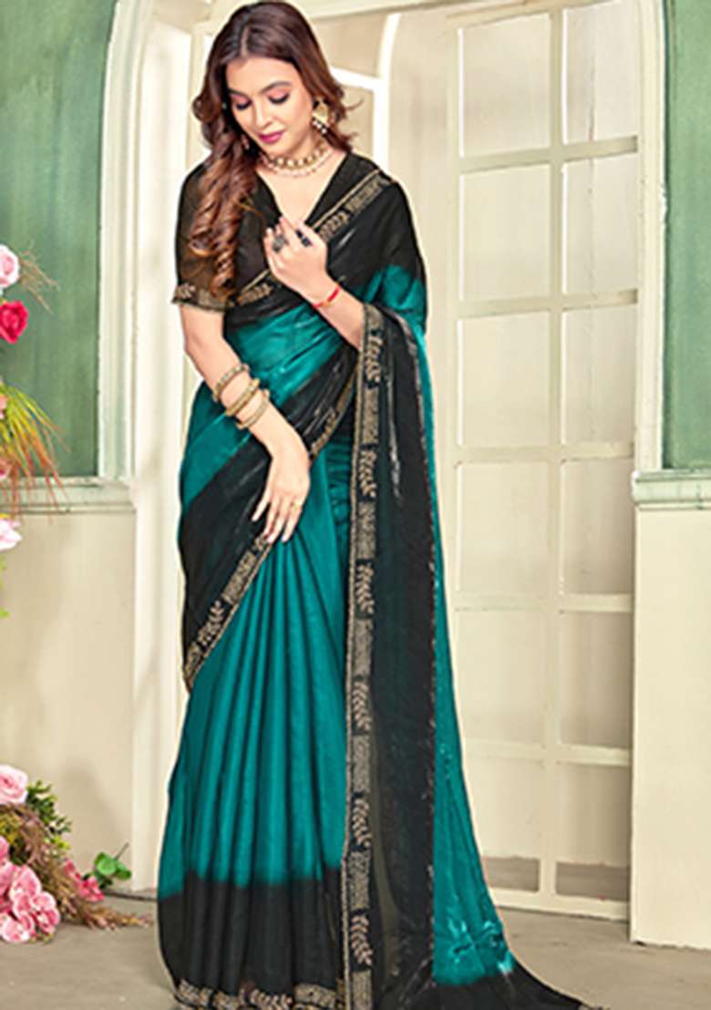 Teal Heavy Zircon Cut Work Silk Blend Saree Set for Diwali | Wedding & Festive Wear - Indya