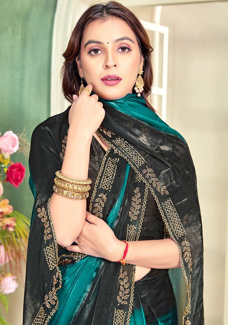 Teal Heavy Zircon Cut Work Silk Blend Saree Set for Diwali | Wedding & Festive Wear - Indya