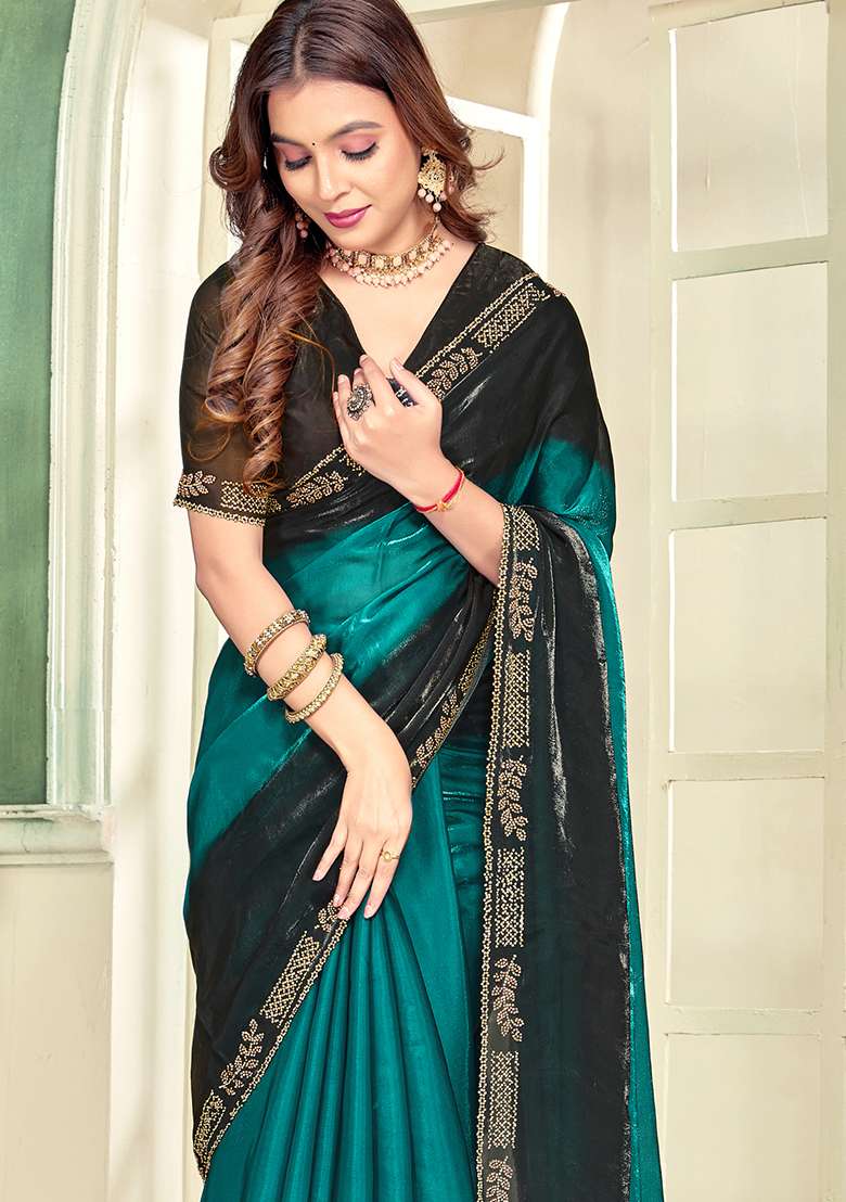 Teal Heavy Zircon Cut Work Silk Blend Saree Set for Diwali | Wedding & Festive Wear - Indya
