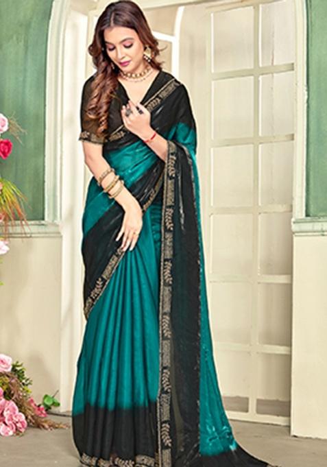 Teal Heavy Zircon Cut Work Silk Saree Set