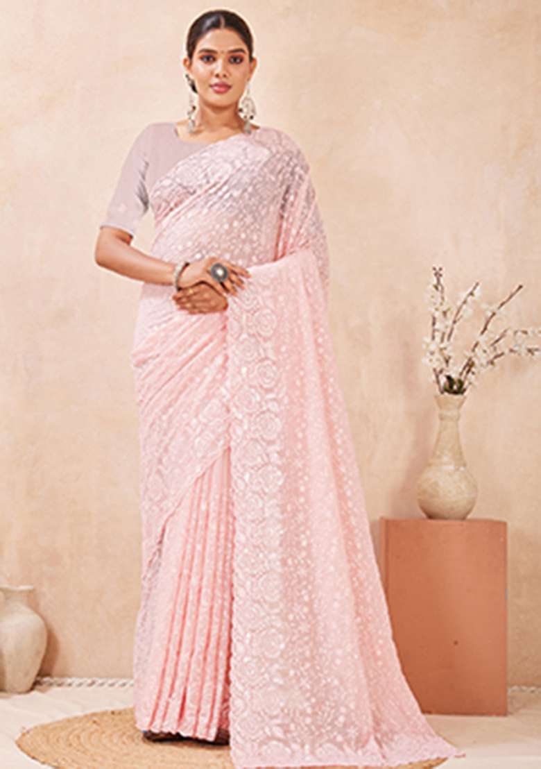 Pink Sequins Embroidery Work Georgette Saree Set - Indya