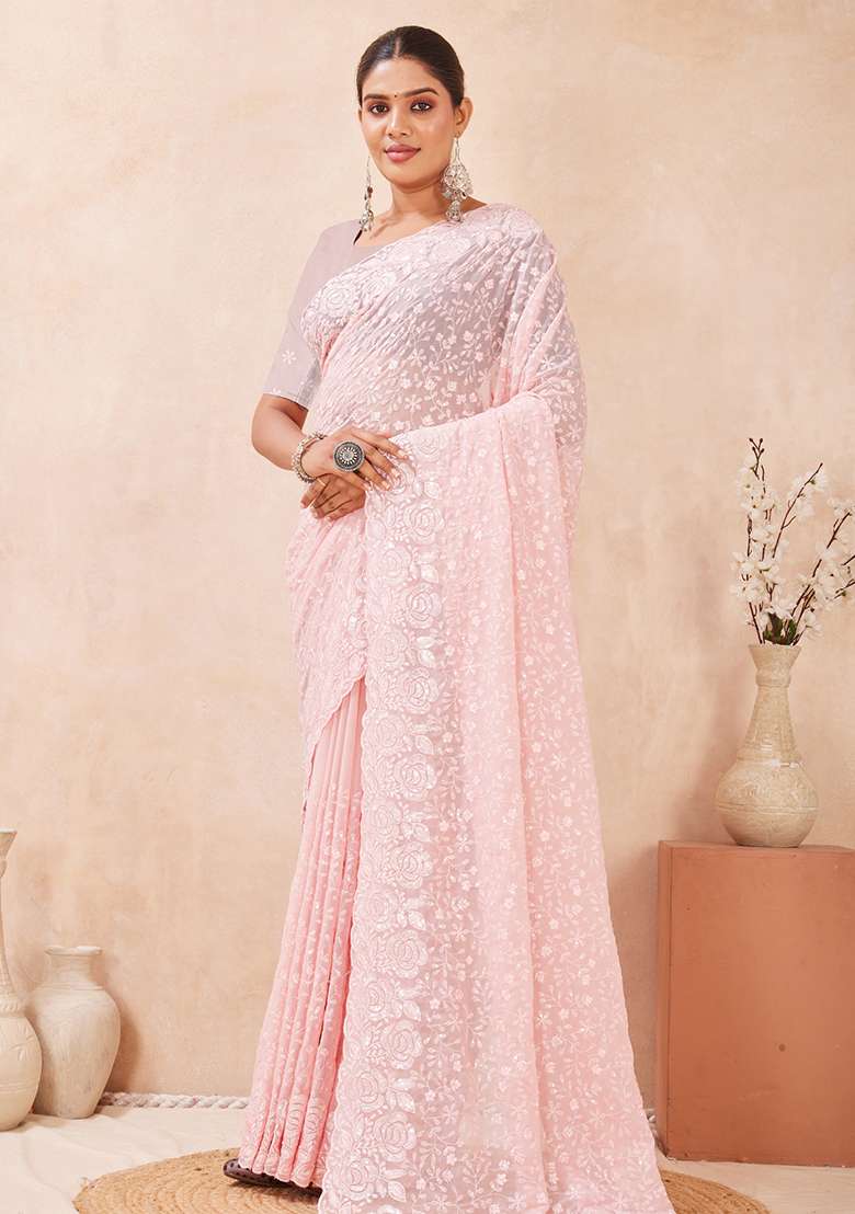 Pink Sequins Embroidery Work Georgette Saree Set - Indya