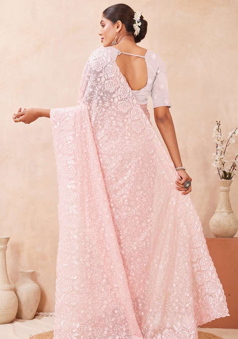 Pink Sequins Embroidery Work Georgette Saree Set - Indya