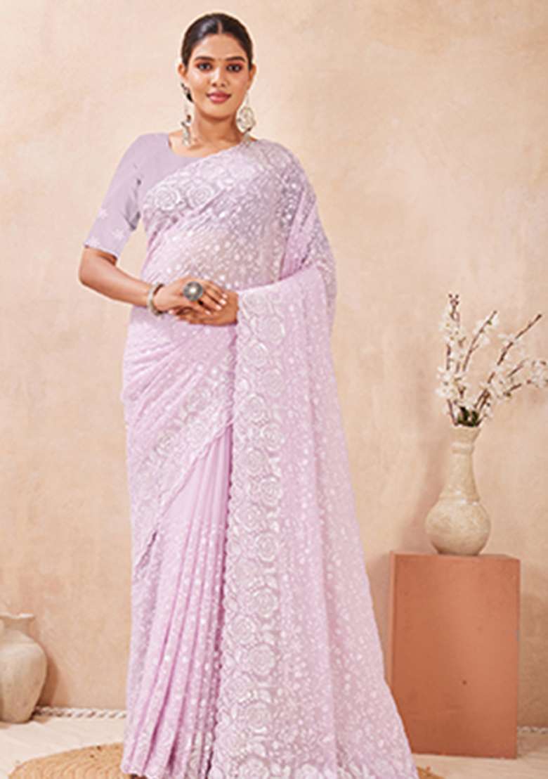 Lavender Sequins Embroidery Work Georgette Saree Set - Indya
