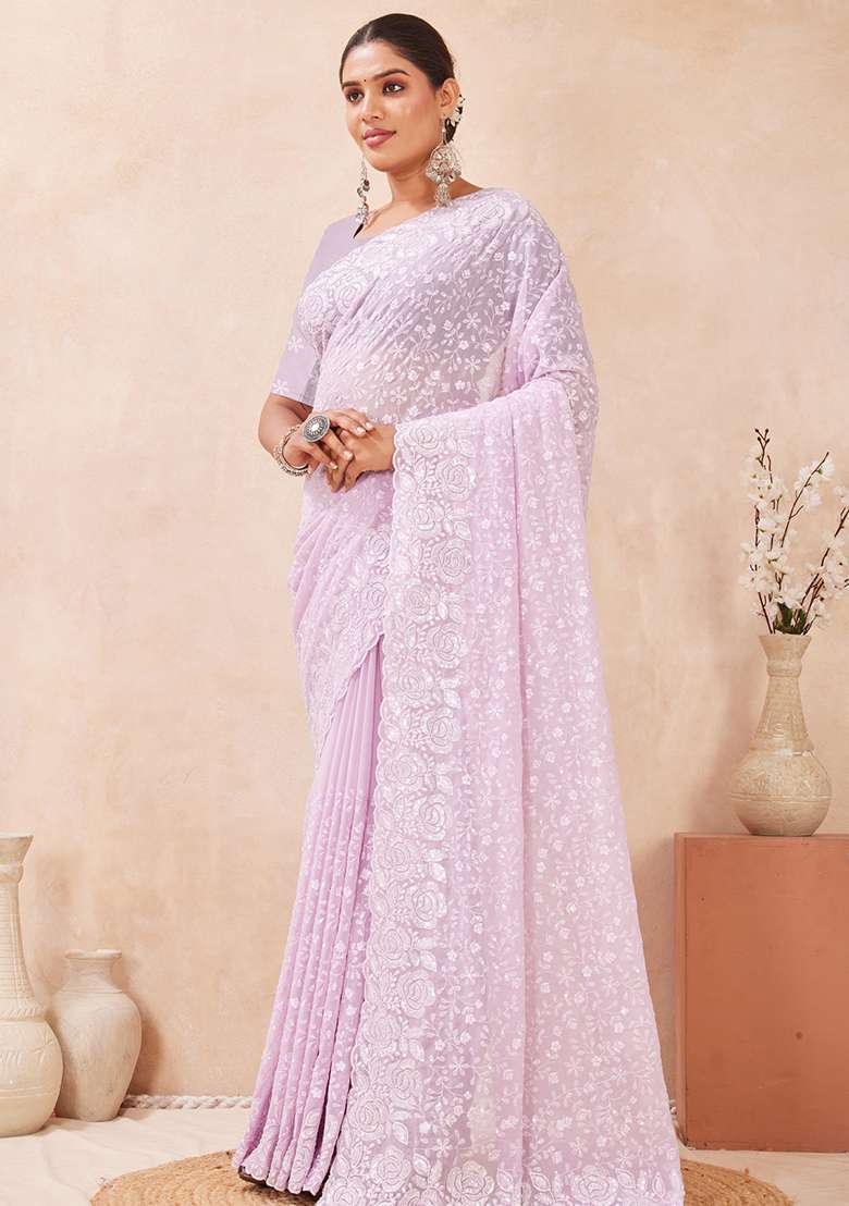 Lavender Sequins Embroidery Work Georgette Saree Set - Indya