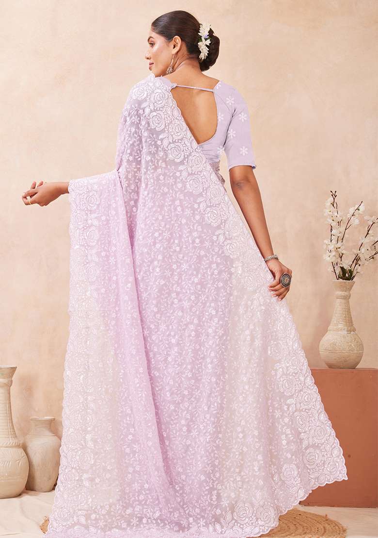 Lavender Sequins Embroidery Work Georgette Saree Set - Indya