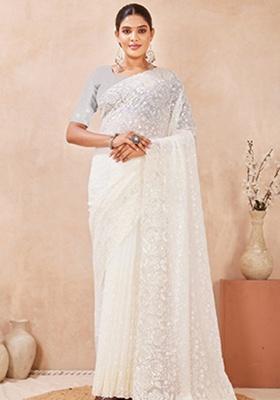 Off White Sequins Embroidery Work Georgette Saree Set